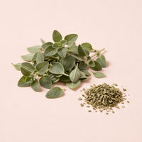 Oregano leaf and dried crumble on blush-oat
