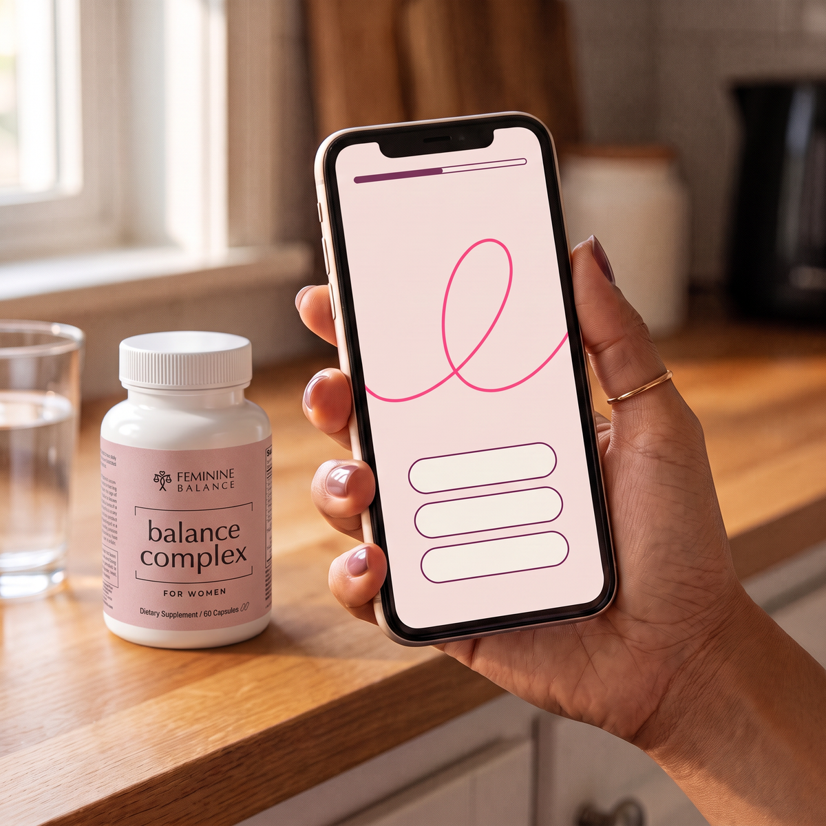 A hand holds a phone showing a wordless Finder screen with a progress bar, a pink loop scribble and three blank option pills; the bottle sits soft on the counter behind