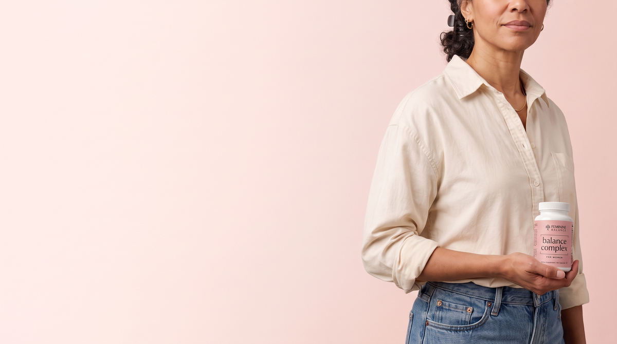 Woman of about 46 in a cream oxford and raw denim, cropped at the nose, cradling the bottle at hip height on blush