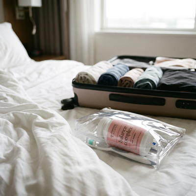 A clear toiletry pouch holding the bottle and a toothbrush on a hotel bed, an open suitcase behind