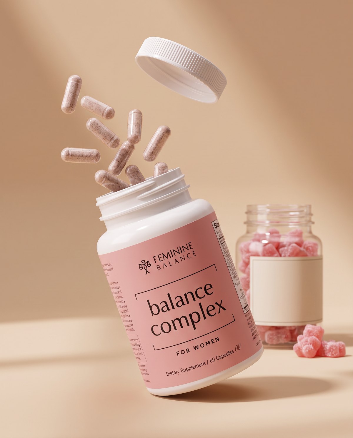 The Balance Complex bottle tipped open with capsules spilling out, a jar of gummies out of focus behind it