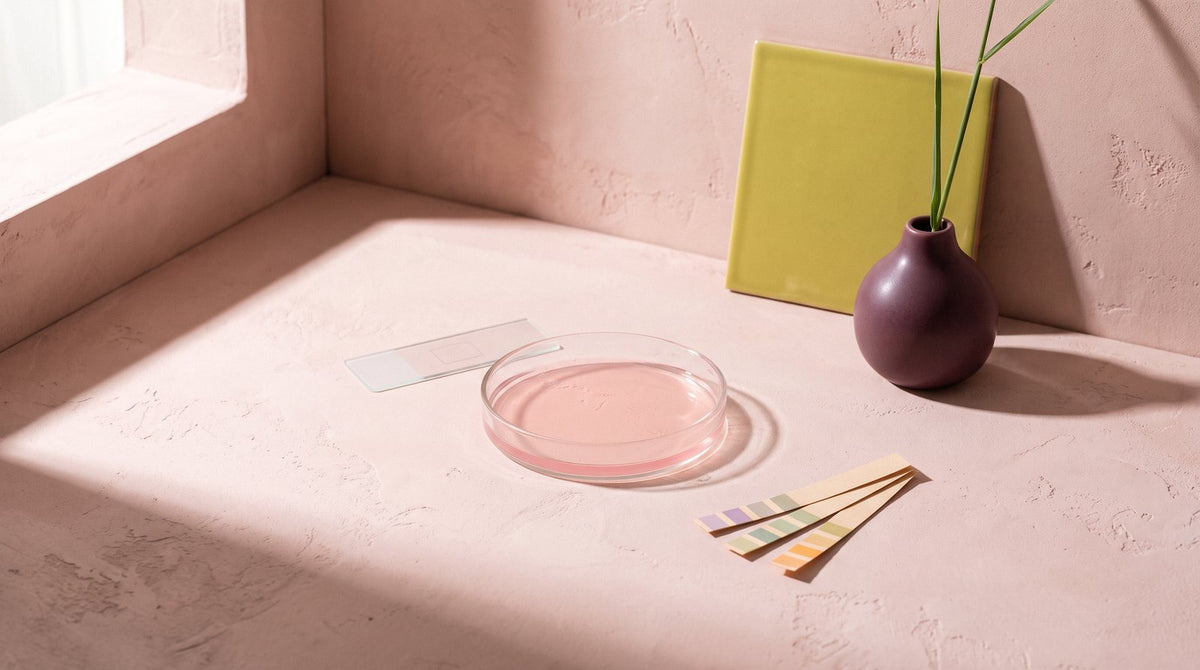 A petri dish, a glass slide and pH test strips beside a plum bud vase on blush plaster