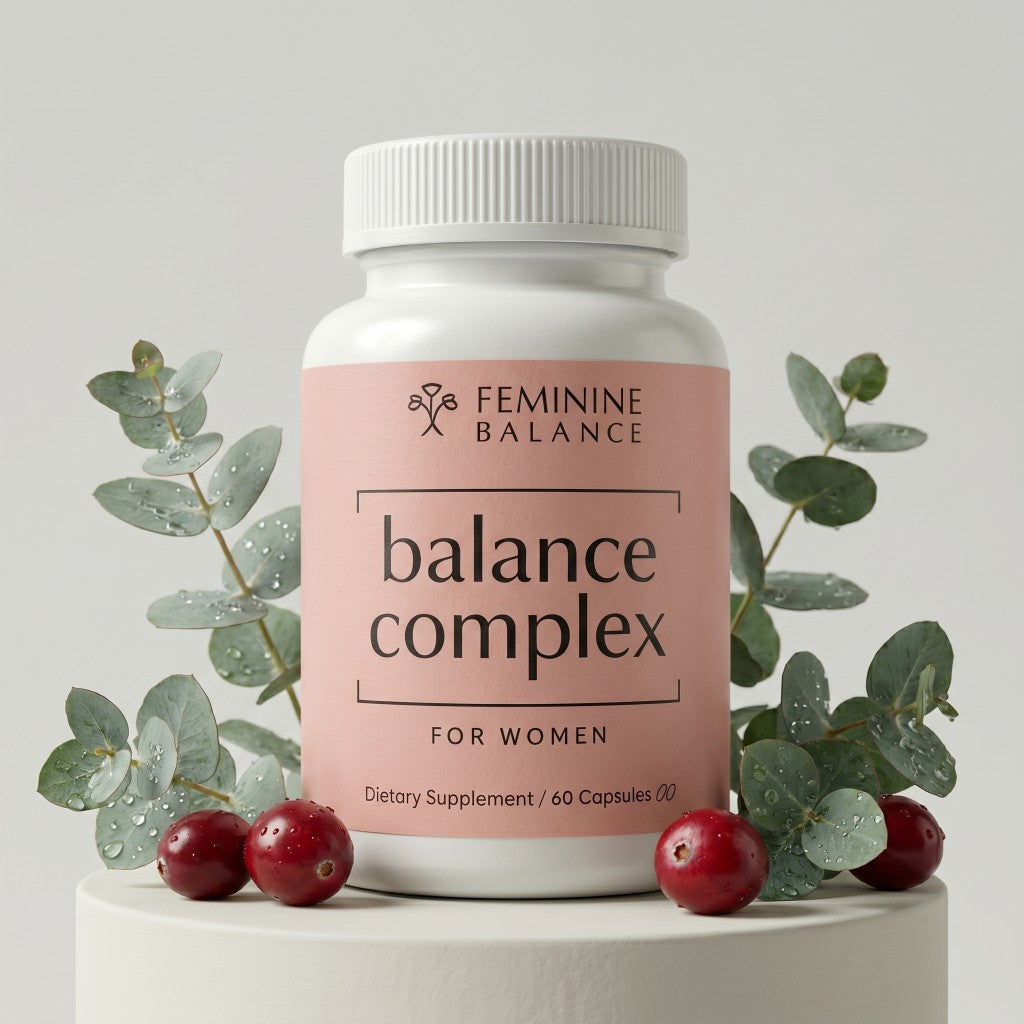 Balance Complex bottle on a white pedestal with eucalyptus and cranberries