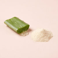 Cut aloe leaf with gel and ivory powder on blush-oat