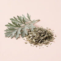 Silvery wormwood sprig with dried crumble on blush-oat