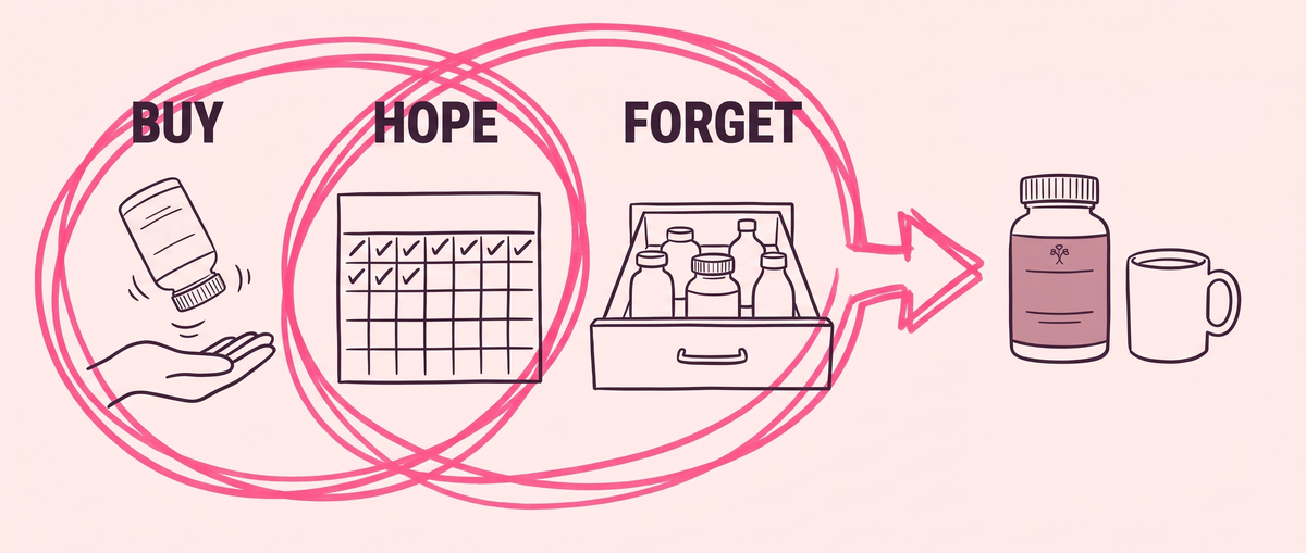 The Loop explainer: BUY, HOPE and FORGET circled by one pink scribble loop; a pink arrow breaks out to Balance Complex, a bottle beside a coffee mug and a block of tally marks