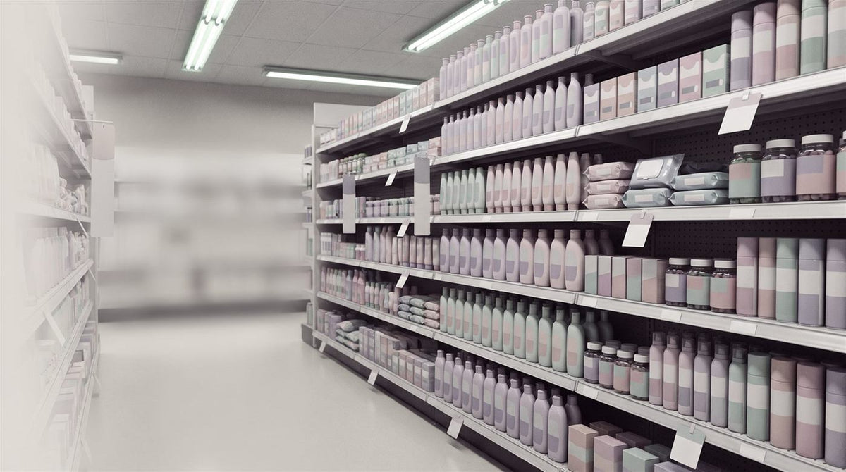 An endless, generic pastel drugstore aisle under green-cast fluorescent tubes, shelves packed with blank-label washes, wipes, boxes and gummy jars