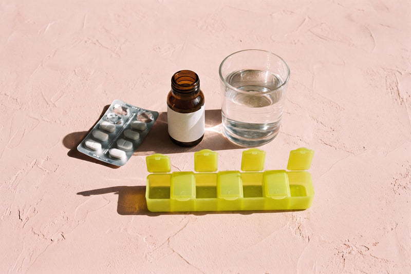 A blister pack of tablets, an amber pharmacy bottle, a glass of water and a yellow-green pill organizer on blush plaster