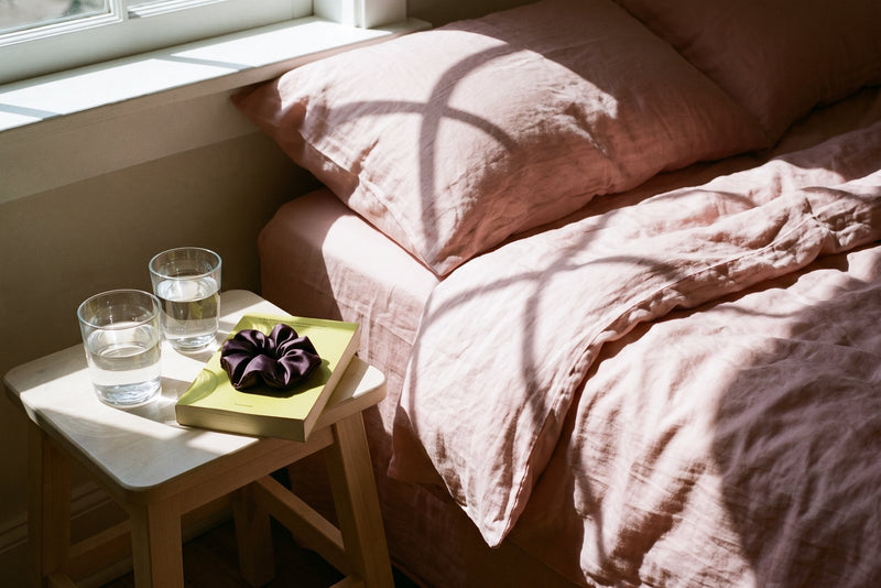 A bed corner with rumpled blush linen in morning light, a bedside stool with two glasses of water, a plum scrunchie and a book