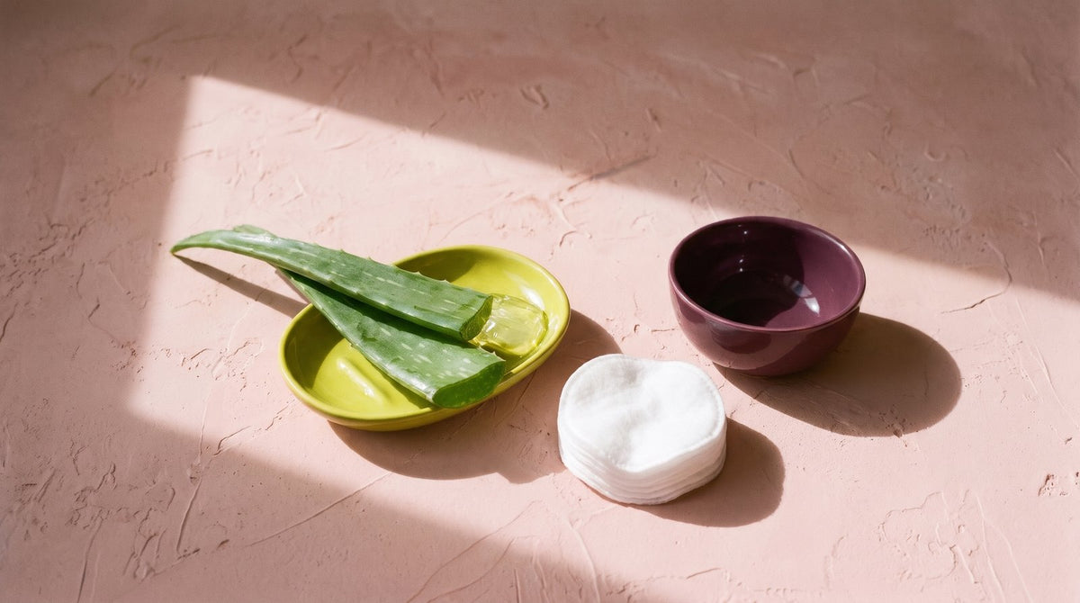 A cut aloe vera leaf on a yellow-green dish beside a stack of cotton pads and a plum bowl on blush plaster in sunlight
