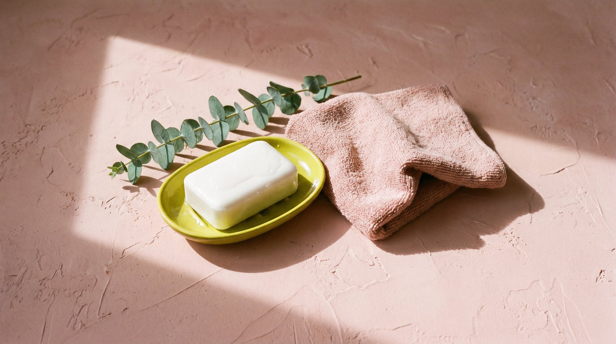 A plain bar of soap on a yellow-green dish with a blush washcloth and a eucalyptus sprig