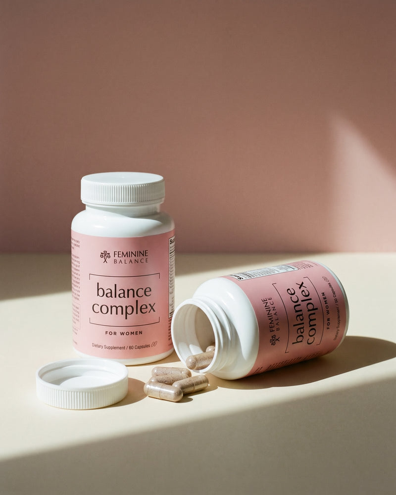 A sealed bottle beside an open one with its cap off and a few capsules left, on a plain cream surface