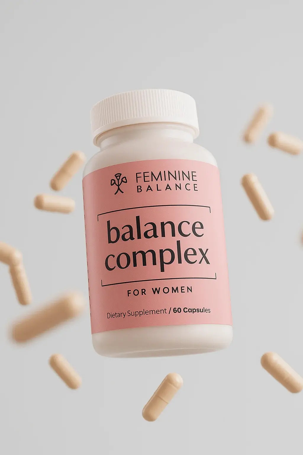 Balance Complex bottle floating with capsules scattered around it on a soft cream background