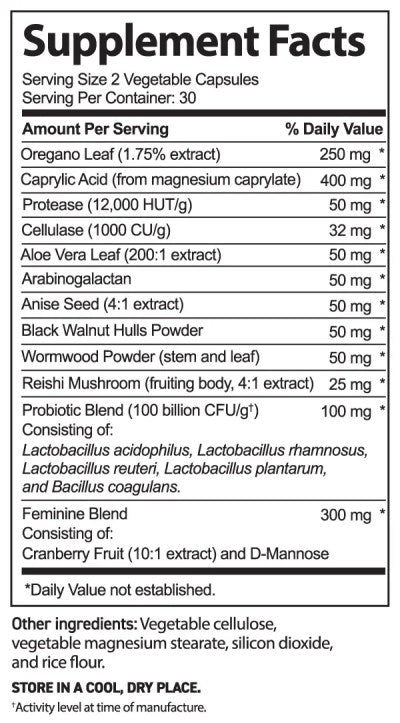 Balance Complex Supplement Facts label showing serving size of 2 vegetable capsules with full ingredient breakdown including Oregano Leaf, Caprylic Acid, Cellulase, Aloe Vera Leaf, Anise Seed, Black Walnut Hulls, Wormwood, Reishi, Probiotic Blend, Cranberry, and D-Mannose.